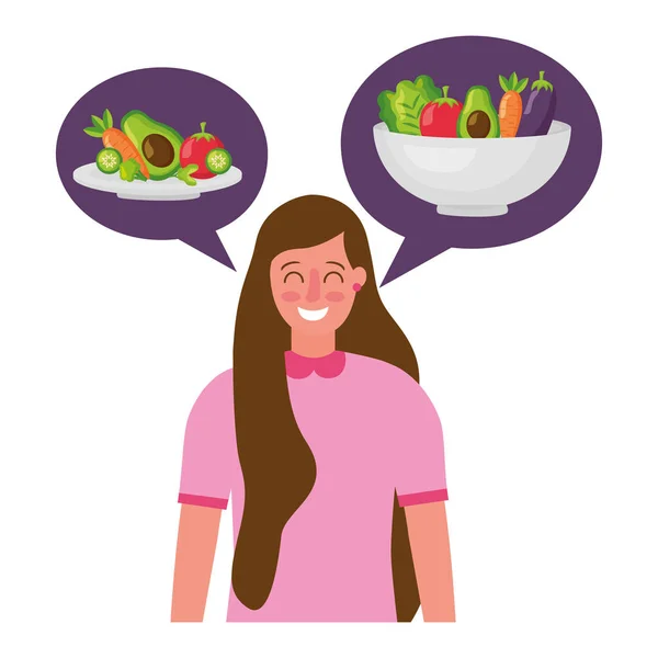 Mujer hablar burbuja verduras comida saludable — Vector de stock