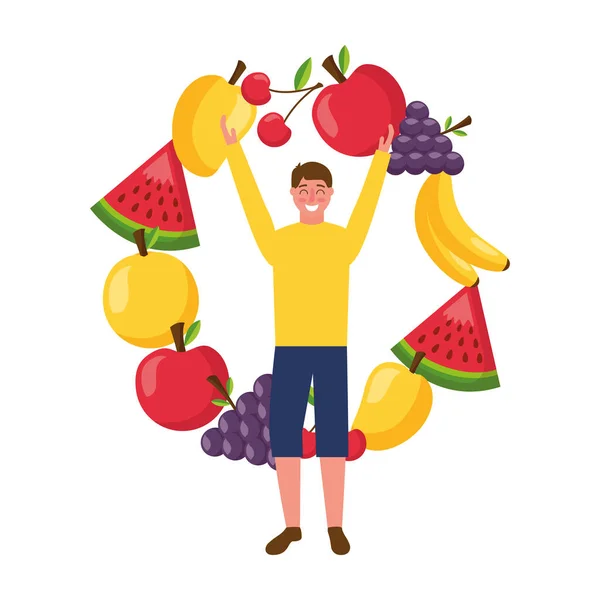 Hombre con los brazos arriba y frutas comida saludable — Vector de stock