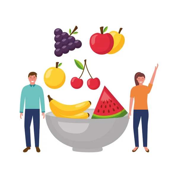 Woman and man fruits in bowl — Stock Vector