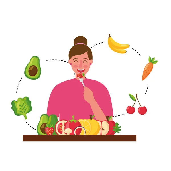 Mujer comiendo alimentos saludables con tenedor — Vector de stock