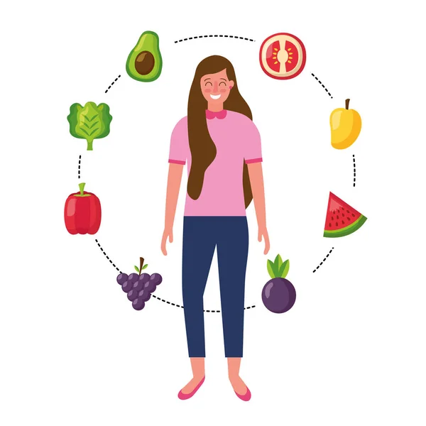 Kobieta z owoców i warzyw w zdrowej żywności — Wektor stockowy