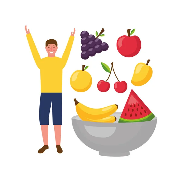 Człowiek z owocami w misce zdrowej żywności — Wektor stockowy