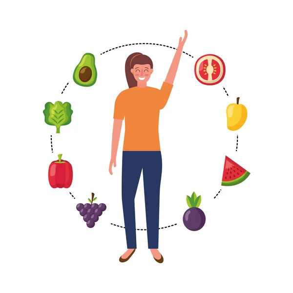 Mujer con frutas y verduras alimentos saludables — Vector de stock