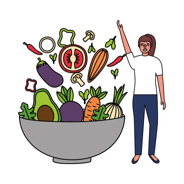 Frau mit Schüssel Gemüse gesunde Ernährung — Stockvektor