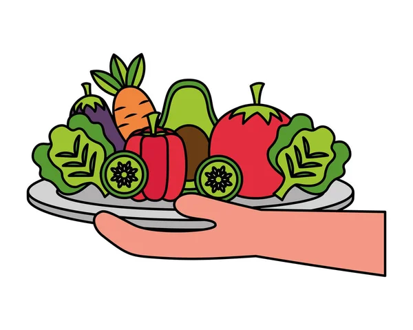 Mão segurando verduras em prato comida sã — Vetor de Stock