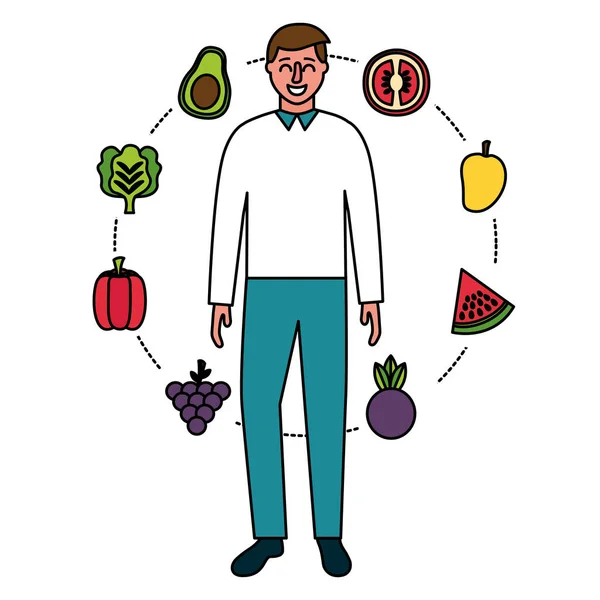 Człowiek z owoców i warzyw w zdrowej żywności — Wektor stockowy