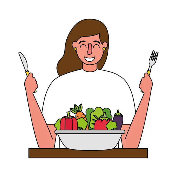 Nő, Villa és kés növényi egészséges ételek — Stock Vector