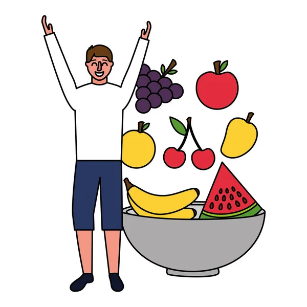 Człowiek z owocami w misce zdrowej żywności — Wektor stockowy
