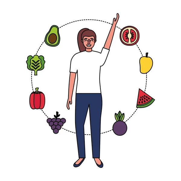 Kobieta z owoców i warzyw w zdrowej żywności — Wektor stockowy