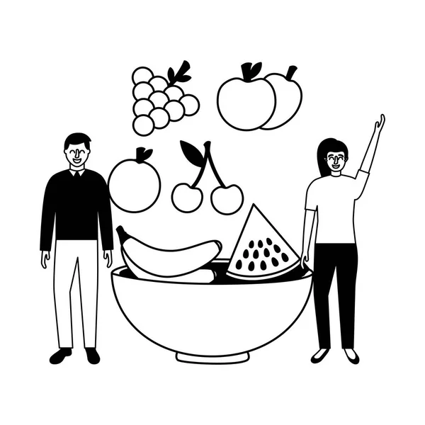 Mujer y hombre frutas en tazón — Vector de stock