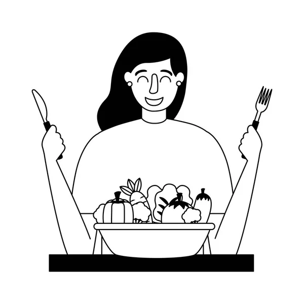 Mujer con tenedor y cuchillo vegetal comida saludable — Vector de stock