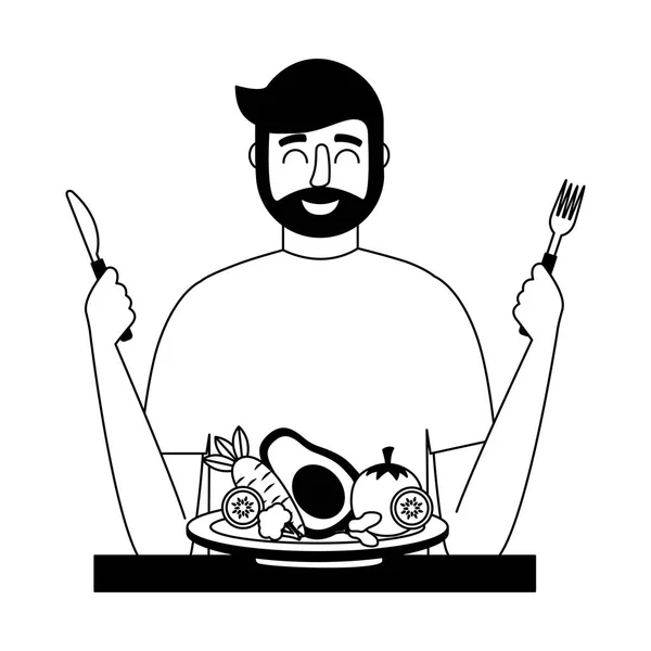 胡须男子与新鲜的蔬菜和叉子刀 — 图库矢量图片