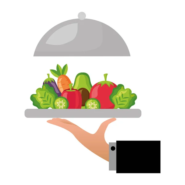 Mano sosteniendo verduras en el plato comida saludable — Archivo Imágenes Vectoriales