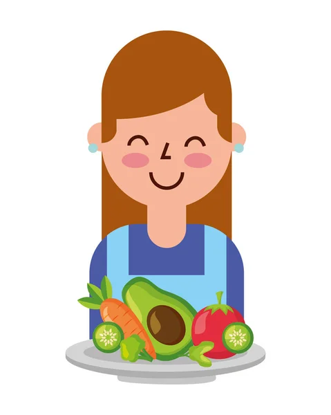 Chica con verduras en tazón — Vector de stock