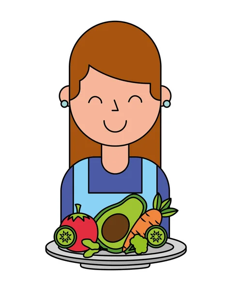 Chica con verduras en tazón — Vector de stock