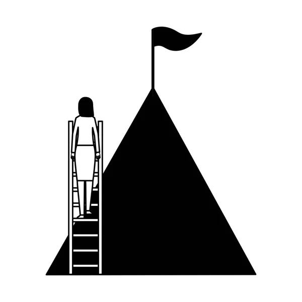 business woman climb mountain stairs flag