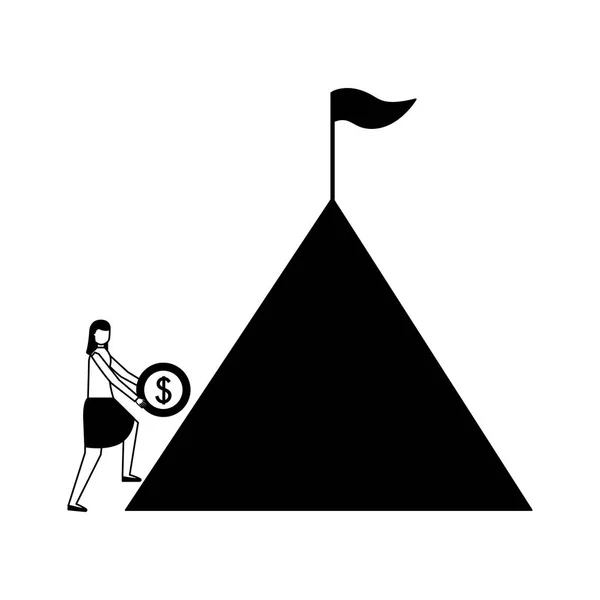 Business woman holding coin mountain flag — Stock Vector