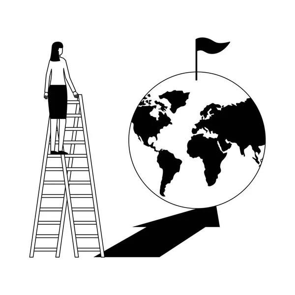 Femme d'affaires monter escaliers flèche drapeau du monde — Image vectorielle