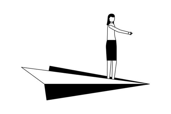 Ділова жінка стоїть на паперовому літаку — стоковий вектор