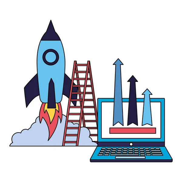 Business laptop rocket stairs arrows — Stock Vector