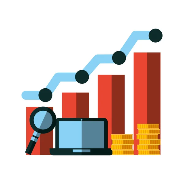 Análise de moedas de gráfico laptop de negócios — Vetor de Stock