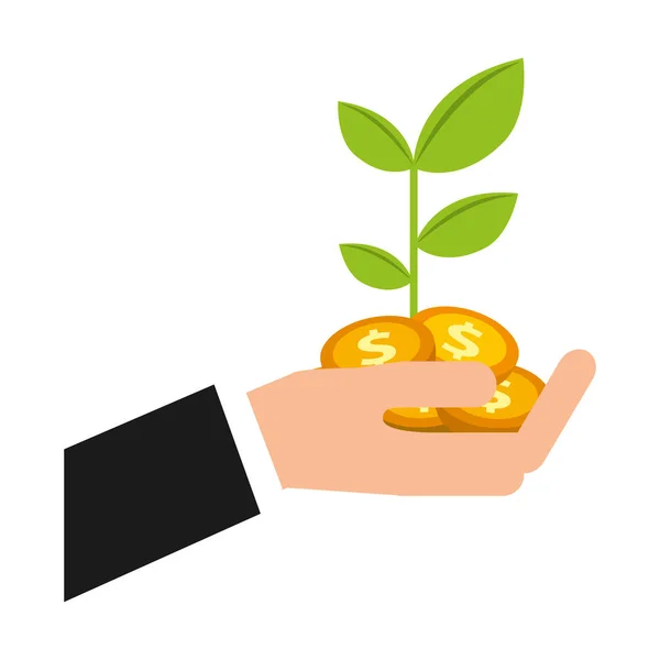 Ruce drží rostlin mince peníze podnikání — Stockový vektor