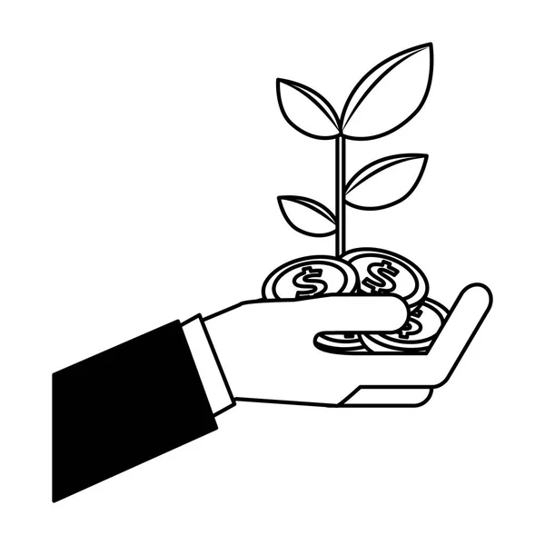 Mano tenencia planta monedas dinero negocio — Vector de stock