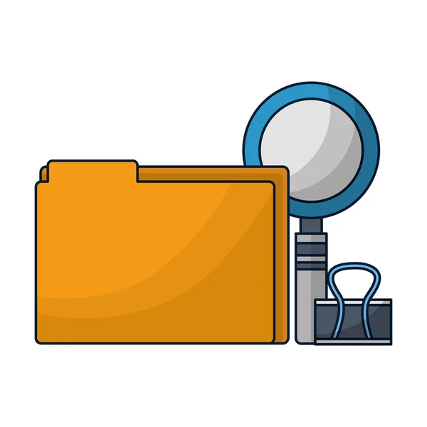 Office supllies folder clip and magnifying glass — Stock Vector