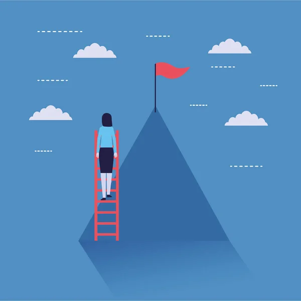 Mujer de negocios subir montaña escaleras bandera — Vector de stock