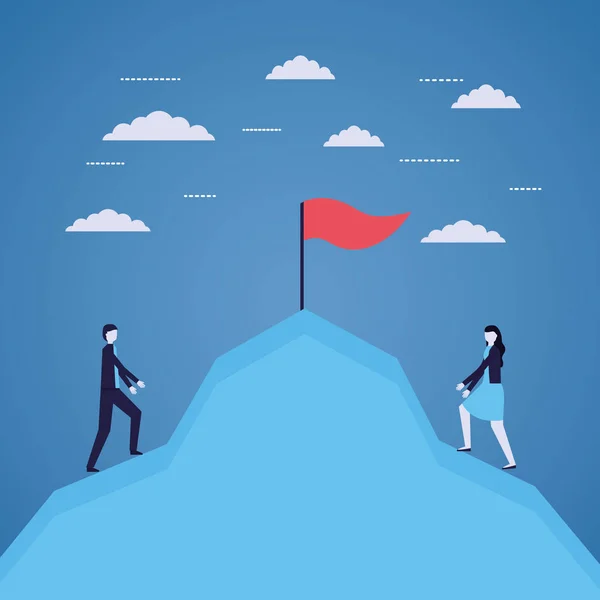 ビジネスマンや女性登山山の旗 — ストックベクタ