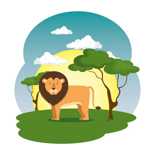 Lindo león en la escena de campo — Vector de stock