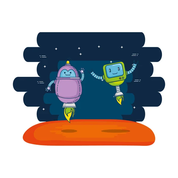 Pareja de robots lindos con fondo del universo — Vector de stock