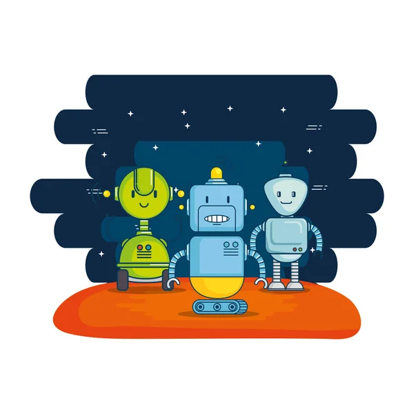 Group of cute robots with universe background — Stock Vector