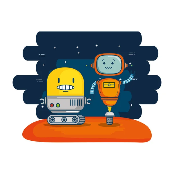 Δυο χαριτωμένα ρομπότ με φόντο το σύμπαν — Διανυσματικό Αρχείο