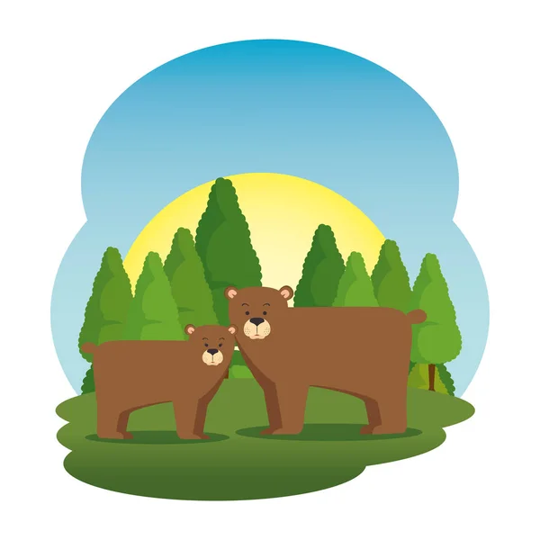 Cute grizzly bears couple in the field scene — Stock Vector
