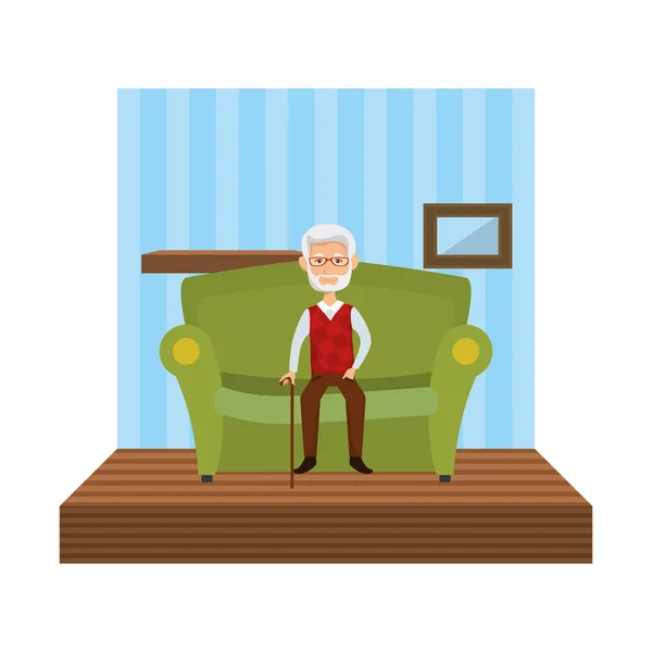 Mignon grand-père assis dans canapé — Image vectorielle