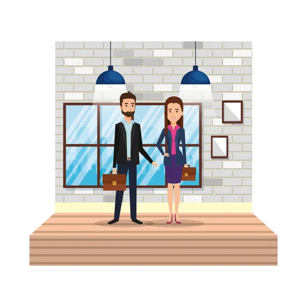 Επαγγελματίες ζευγάρι στο διάδρομο, στο χώρο εργασίας — Διανυσματικό Αρχείο