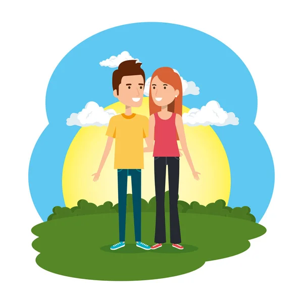 Amantes pareja en la escena del campamento — Vector de stock