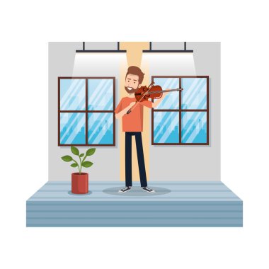 Genç adam evde Keman çalmaya