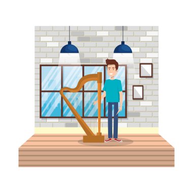 Genç adam Harp evde oynarken