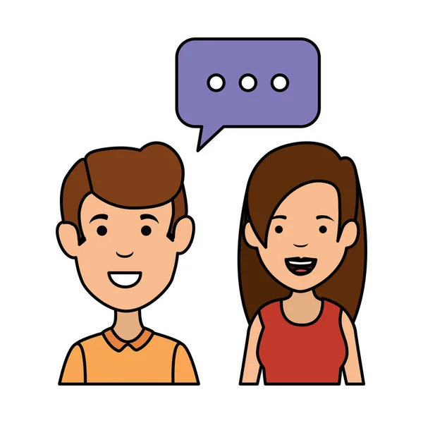 Νεαρό ζευγάρι με χαρακτήρες φούσκα ομιλία — Διανυσματικό Αρχείο