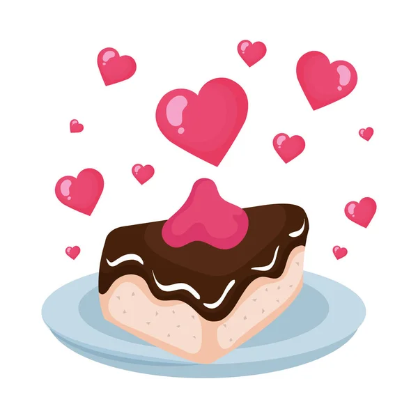 Dulce porción de pastel con corazones amor — Vector de stock