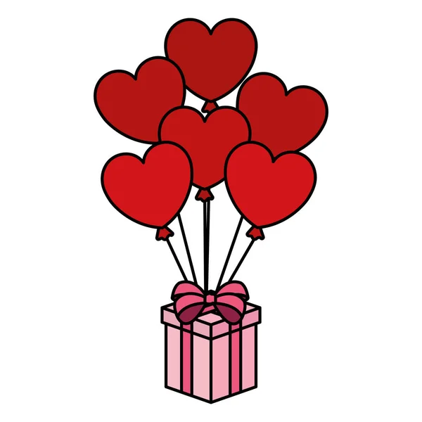 Balões de festa em forma de coração com presente — Vetor de Stock