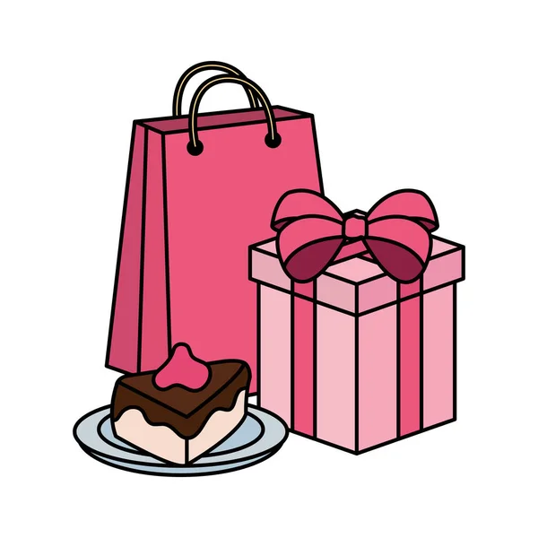 Dolce porzione di torta con regalo e shopping bag — Vettoriale Stock