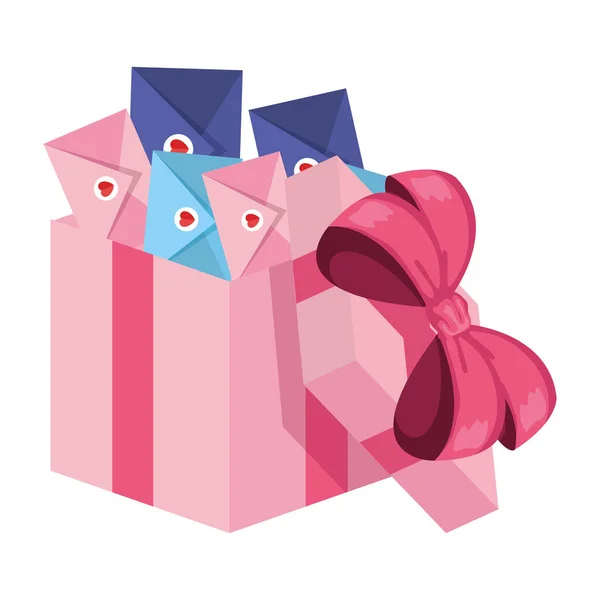 Enveloppes avec coeur dans une boîte cadeau — Image vectorielle