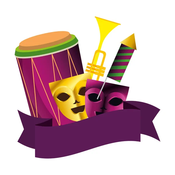 Máscaras de teatro y carnaval con instrumentos y fuegos artificiales — Vector de stock