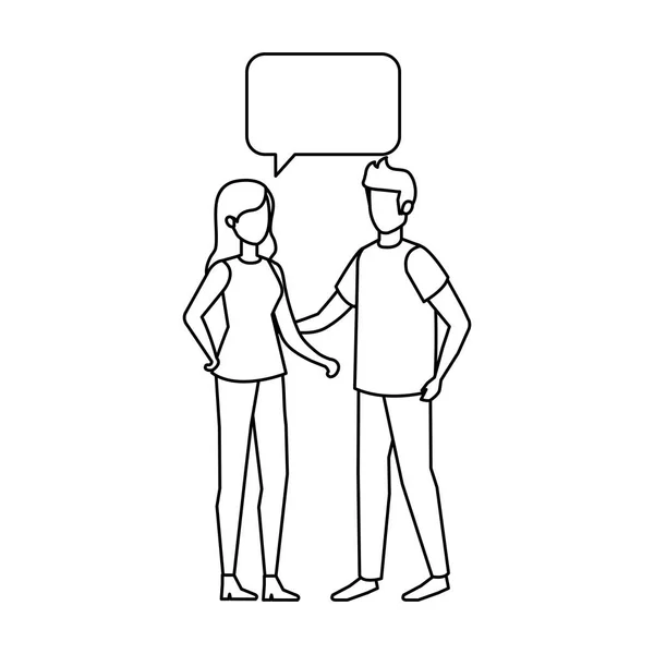 Jeune couple avec des personnages à bulle vocale — Image vectorielle