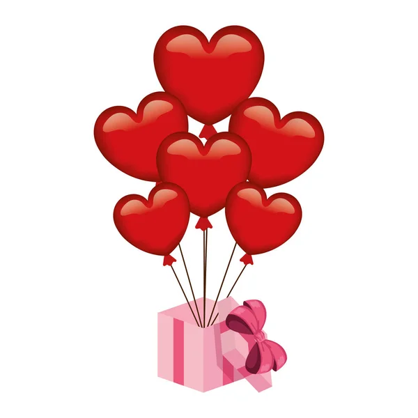 Heart shaped party balloons with gift — Stock Vector