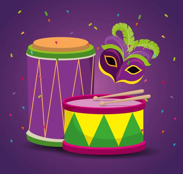 Celebración del mardi gras con mascarilla de fiesta y tambor — Archivo Imágenes Vectoriales