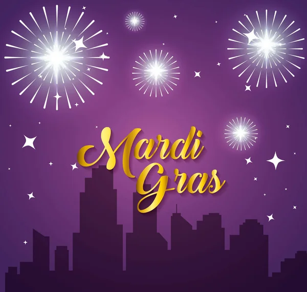 Celebración del mardi gras en la ciudad con fuegos artificiales — Archivo Imágenes Vectoriales